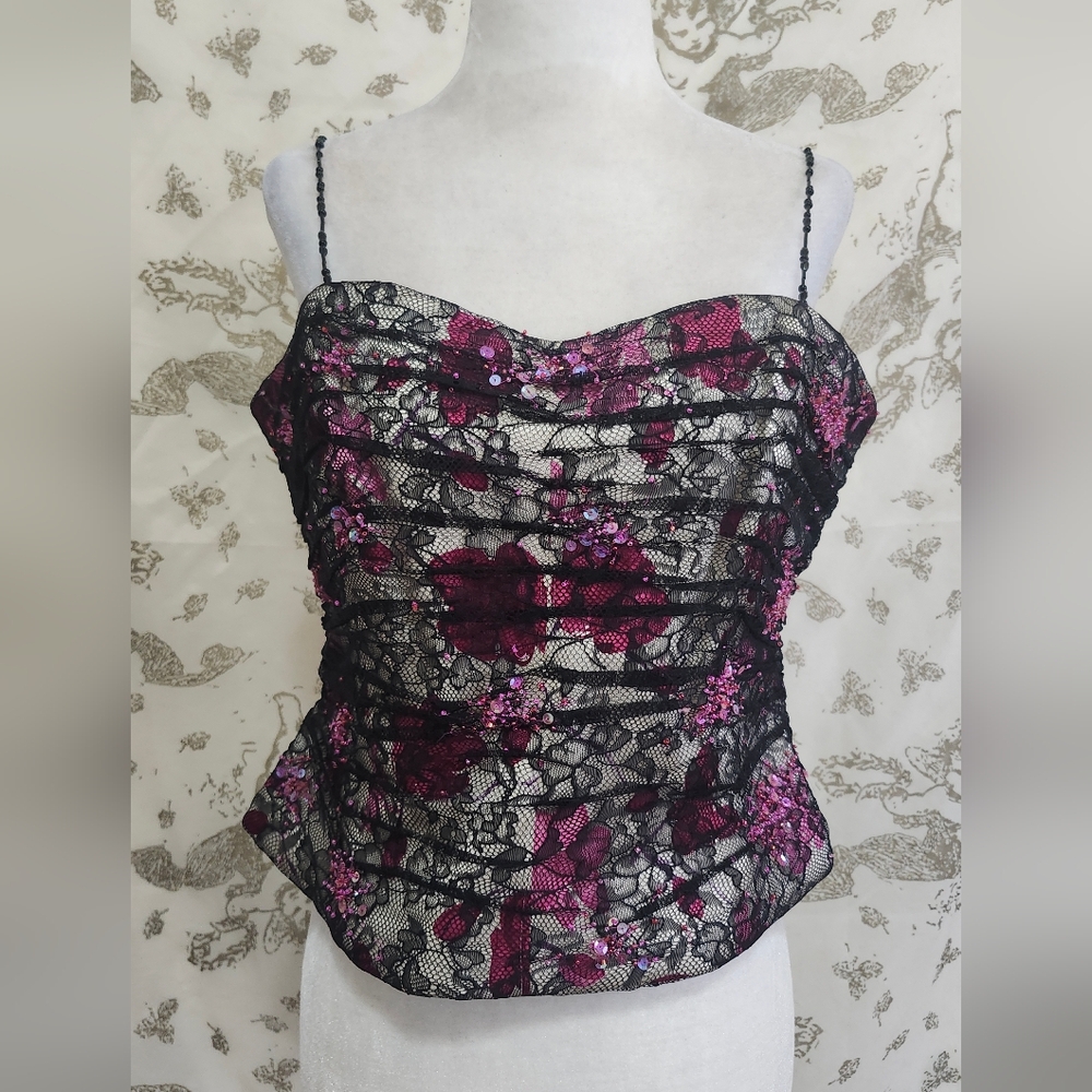 Y2k Kay Unger Corset Bustier Top black lace fuchsia floral Ladies sz 12